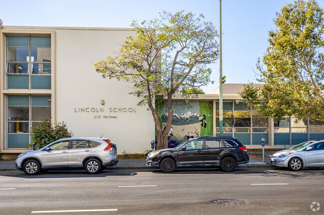 A colorful mosaic adorns the front of Lincoln Elementary School.