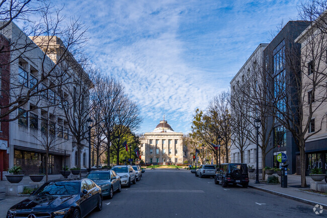 North Carolina's Capital Building is at the end of Fayetteville Street near College Park.