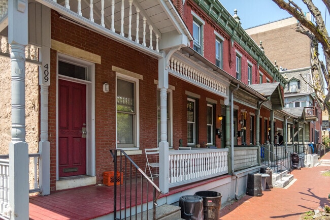 Row homes with porches are commonly seen in Lanning Square.