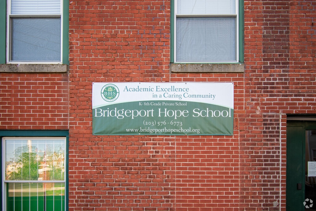 Entrance sign at Bridgeport Hope School in the South End neighborhood.