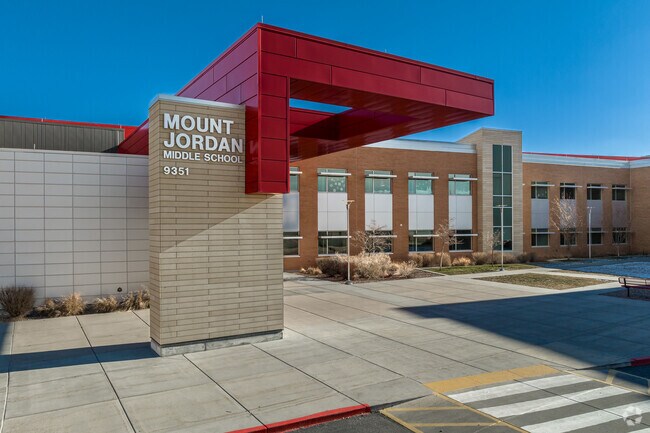 Mount Jordan Elementary School has wide sidewalks in front of its entrance.