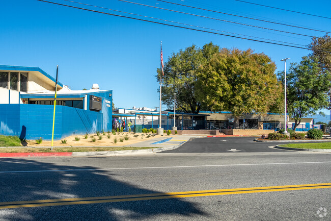 A view of the Crestmore Elementary School buildings from the street.