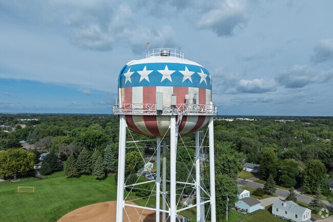 The patriotic water tower at Able Park is an iconic landmark of Spring Lake Park.