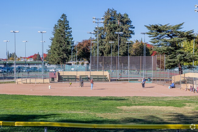 Adults practice their baseball at the Davis Park Ball field.