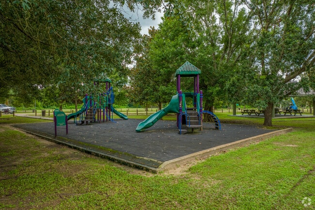 Two mini playgrounds with slides at Brechtel Park in Tall Timbers, LA.