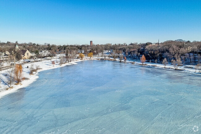 One of the lakes becomes frozen over in the winter months in Lowry Hill.