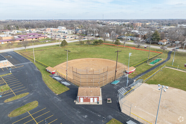 Shabbona Middle School includes baseball fields with lighting for night games.