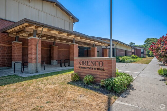 Orenco Elementary School sign in Hillsboro, Oregon.