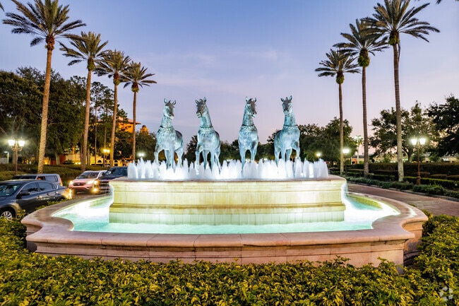 The Quattro Cavalli statue fountain is an iconic sight in the MetroWest neighborhood in Orlando.