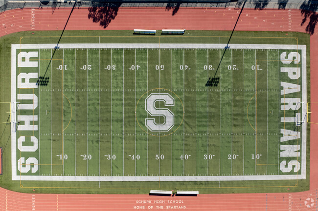 A look down at Schurr High School's football field in the city of Montebello, Ca.