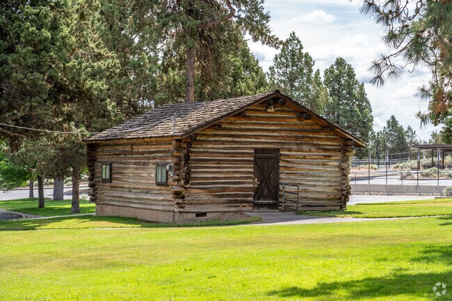 A log cabin decorates the front of Pilot Butte Middle School in the Orchard District of Bend.