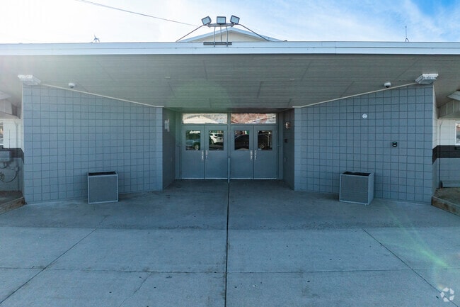 The front doors to Fred W. Traner Middle School.