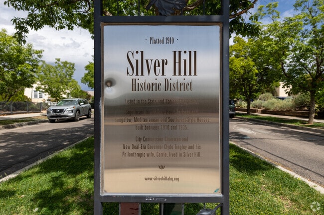 A historic sign marks the entrance to the Silver Hill Historic District in Albuquerque.