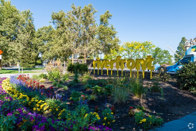 Riverfront park features beautiful gardens.