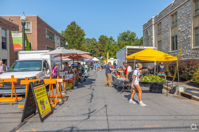 The Downtown State College Farmers Market closes local streets, making walking easier near Park Forest Village, PA.