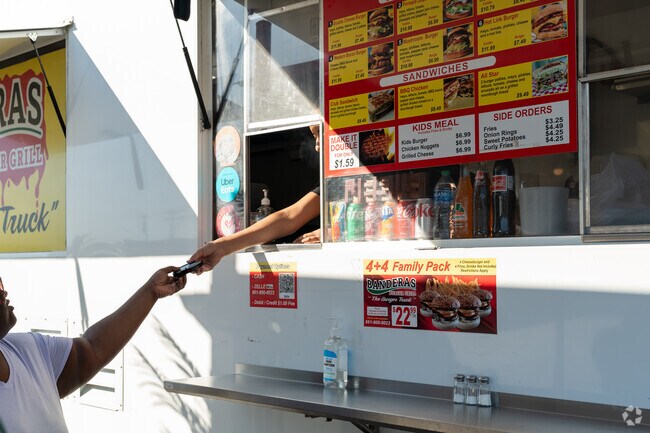 Banderas food truck is one of many in the area with a covered area to dine.