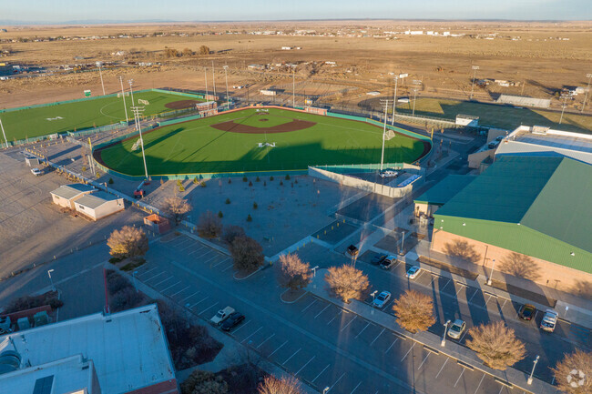 An evening shot of Moriarty High School.