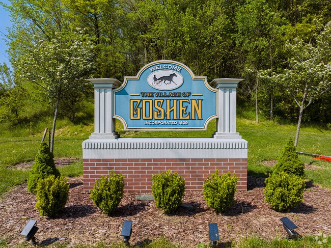 The Goshen welcome sign greets visitors entering town.