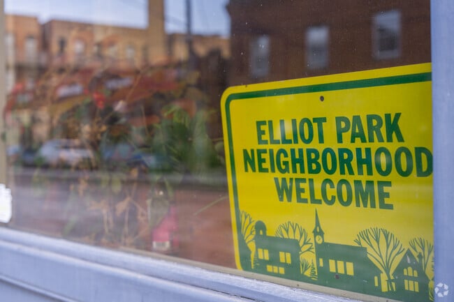 Neighborhood signs welcome visitors to Elliot Park in Minneapolis.