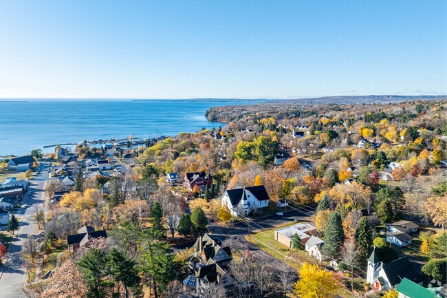 Lake Superior shoreline frames homes in Bayfield neighborhoods.