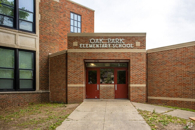 Oak Park Elementary School's stately entrance welcomes families daily.