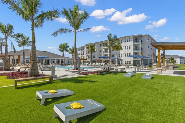 Gaming lawn featuring cornhole