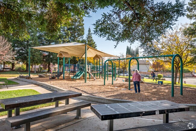 A grandmother and grandchild are enjoying the swings at North Pointe Park in Northpointe.