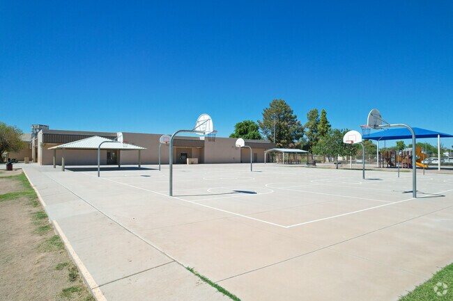 The Pomeroy Elementary campus includes multiple basketball courts.
