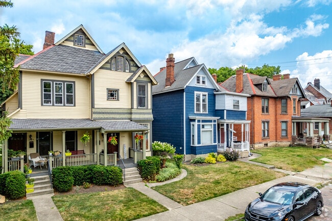 Homes of different architectural styles line the streets of Victorian Village.