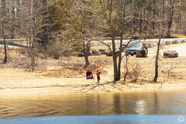 A child throws a rock into the water on a beach at Mansfield Hollow Lake in Chaplin.