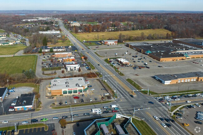 Aerial of downtown Hermitage shopping spots.