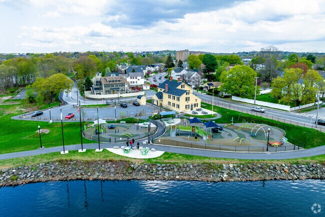 Aerial view of Coes Park playground and waterfront.