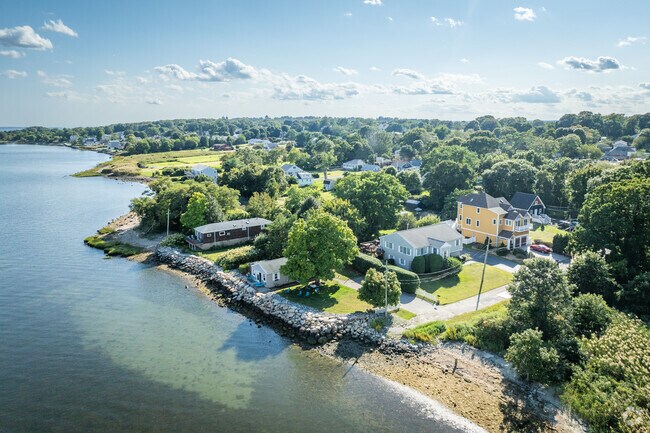 An aerial view of Long Meadow’s bay shows a variety of colonial homes awaiting you.