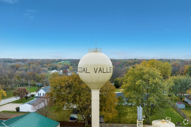 A water tower soars high above Coal Valley.