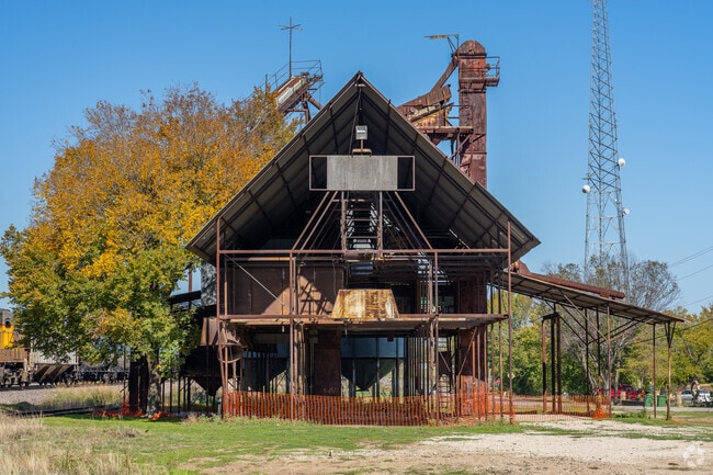 Historic peanut silos in Aubrey represent the city's agricultural roots.