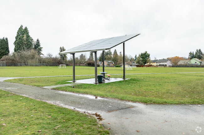 A solar panel roofed picnic tabla at Sacajawea Elementary School in Vancouver, WA.