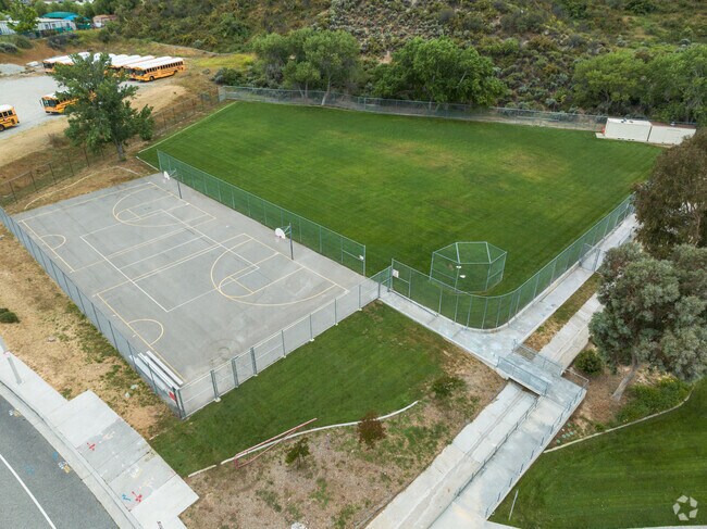 An aerial shot of the basketball and softball field at Bowman High School in Santa Clarita, CA.