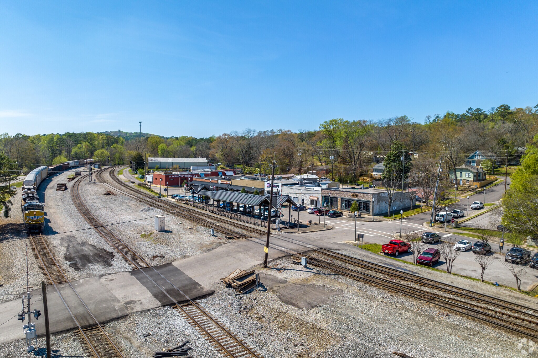 An aerial view of the train watching station and Whistlestop District.