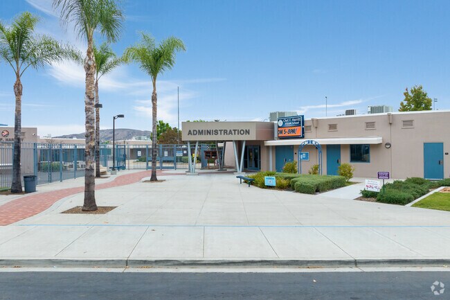 An entrance view to Chet F. Harritt Elementary School.