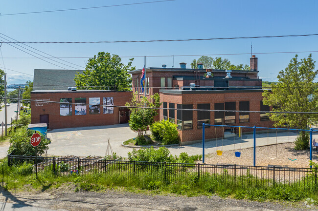 Elevated view of the Peaks Island School on the corner of Pleasant and Church Avenue.
