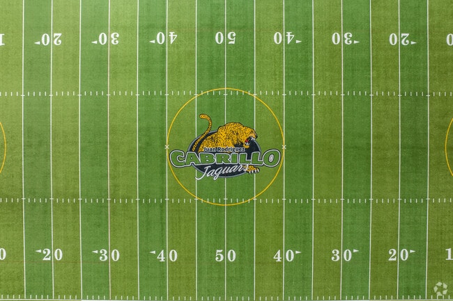 The Juan Rodriguez Cabrillo High School football field displays its school mascot.