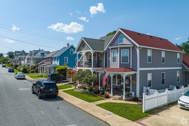 A mix of colorful single family homes on Bourbon Street in Havre De Grace.