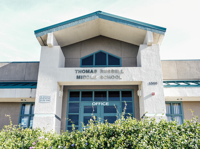 The front building of Thomas Russell Middle School in Milpitas, California.