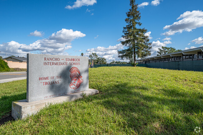 The monument sign on the lawn in front of Rancho Starbuck Intermediate School in La Mirada
