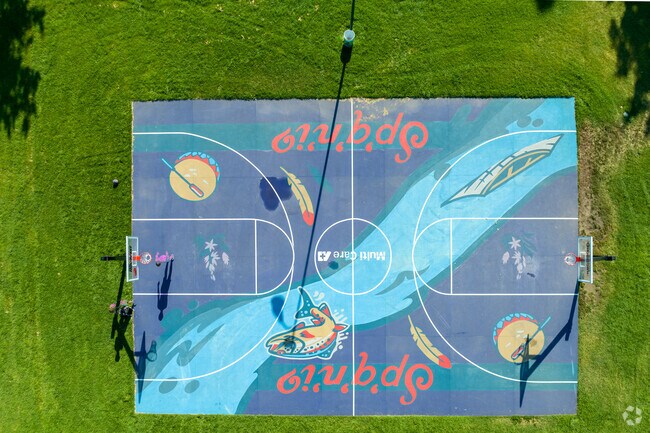 The basketball court in Franklin Park has a mural painted on it.