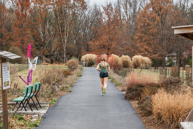 Runners explore paved paths that wind through wooded areas at Perrin Family Park.
