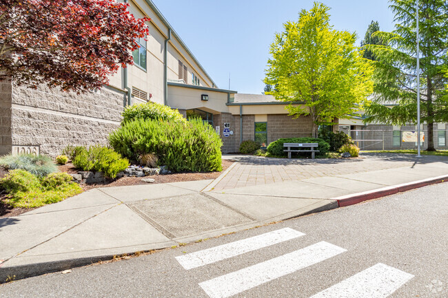 Views of entrance into the school building at Crownhill Elementary School.