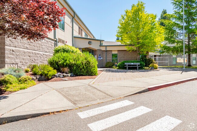Views of entrance into the school building at Crownhill Elementary School.