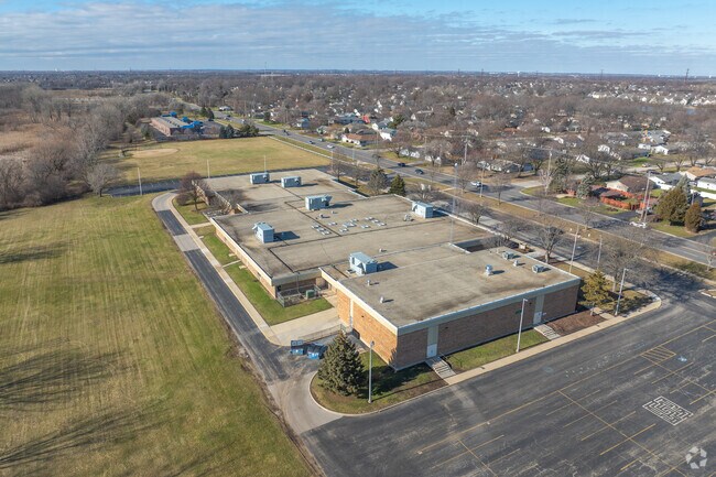 Grand Prairie Elementary School offers a sprawling campus when viewed from above.