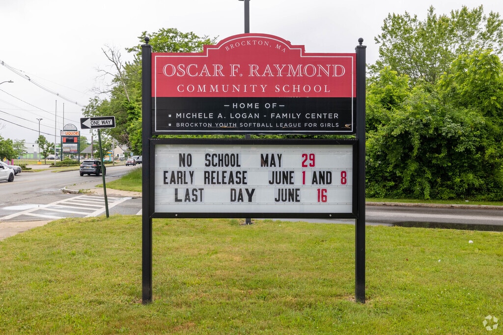 Raymond Elementary School in Brockton announces its last day of school.